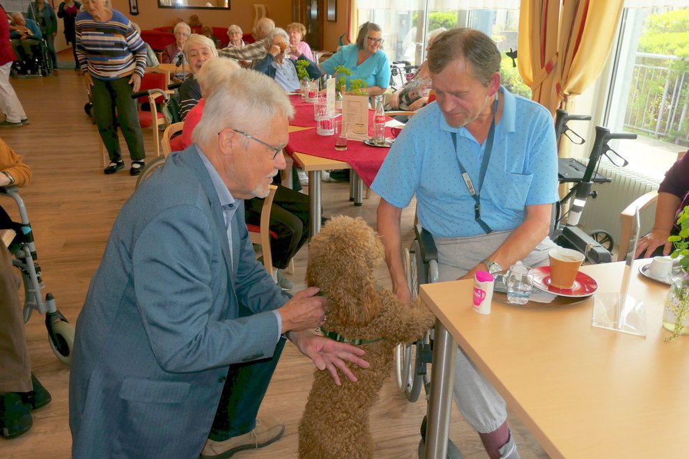 Ein Herr hält den braunen Hund, ein anderer Herr streichelt den Hund.